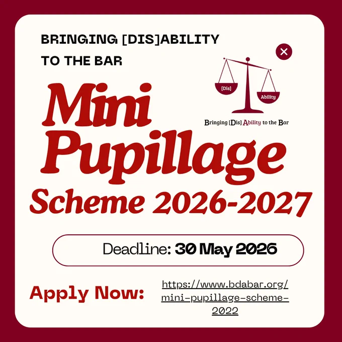 Bringing [Dis]Ability to the Bar

Mini Pupillage Scheme 2026-2027

Deadline: 30 May 2026

Apply now: https://www.bdabar.org/mini-pupillage-scheme-2022