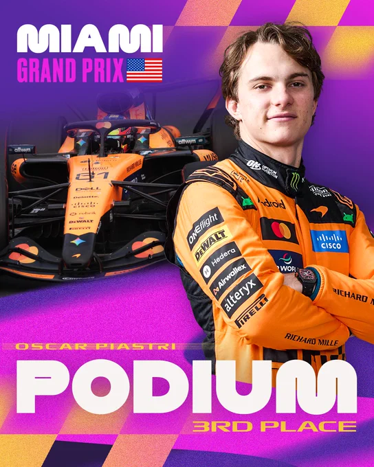 This image features Oscar Piastri in an orange and black racing suit standing beside a race car. Text on the image reads "Miami Grand Prix" with an American flag, and "Oscar Piastri Podium 3rd Place." The background is a vibrant mix of purple and orange.
