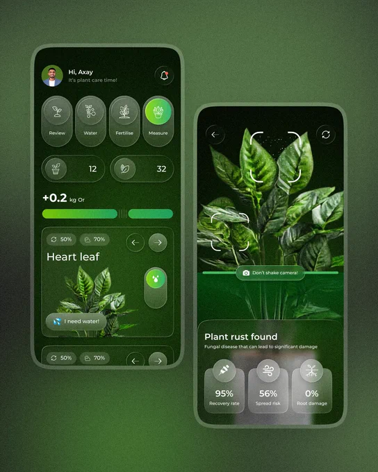 Plant scanning screen with AI detection showing plant leaves, disease analysis, and recovery insights in a modern green UI.