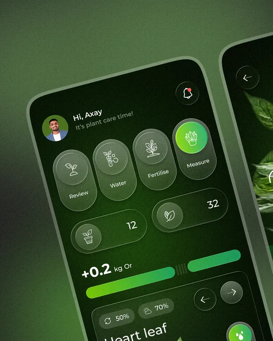 Smart plant care app dashboard with green theme showing plant status, growth tracking, watering options, and health indicators.