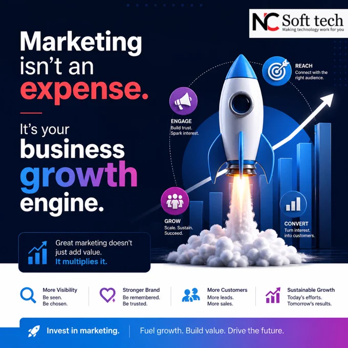 Marketing isn’t just money spent—it’s an investment that fuels business growth. When done right, it attracts the right audience, builds trust, and drives consistent revenue. Instead of viewing it as a cost, see marketing as the engine that powers visibility, engagement, and long-term success in an increasingly competitive marketplace.

#NCSofttech #MarketingMatters #BusinessGrowth #DigitalMarketing #MarketingStrategy #GrowthEngine #BrandBuilding #LeadGeneration #RevenueGrowth #SmartMarketing #MarketingROI #BusinessSuccess #ScaleYourBusiness #OnlineGrowth #MarketingTips #CustomerAcquisition #BrandVisibility #DataDrivenMarketing #MarketingSuccess #EntrepreneurGrowth #GrowWithStrategy