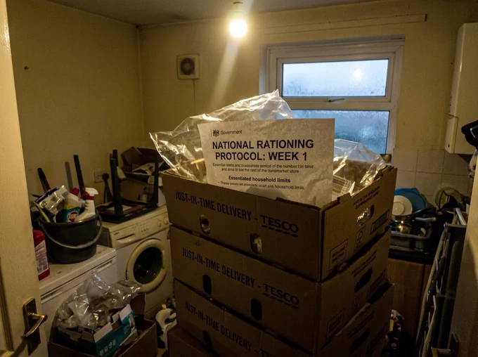 A cluttered room with boxes labeled for rationing surrounded by household items. The mood conveys urgency and preparation.