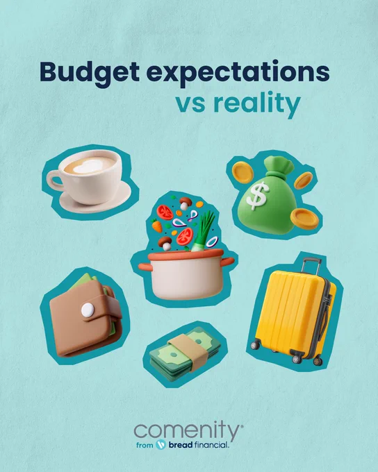 Graphic with illustrated icons of financial wellness items. Text states \u201CBudget expectations vs reality.\u201D 