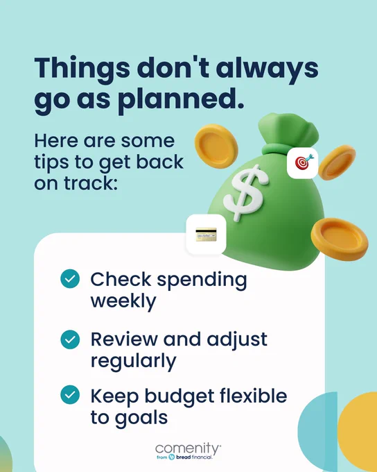 Graphic shows illustrated icons of a cash bag and coins with a target and credit card icon. The text states \u201CThings don\u2019t always go as planned.\u201D \n