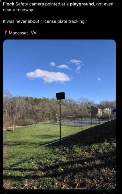 https://old.reddit.com/r/FlockSurveillance/comments/1s2bpm8/flock_camera_watching_a_playground/