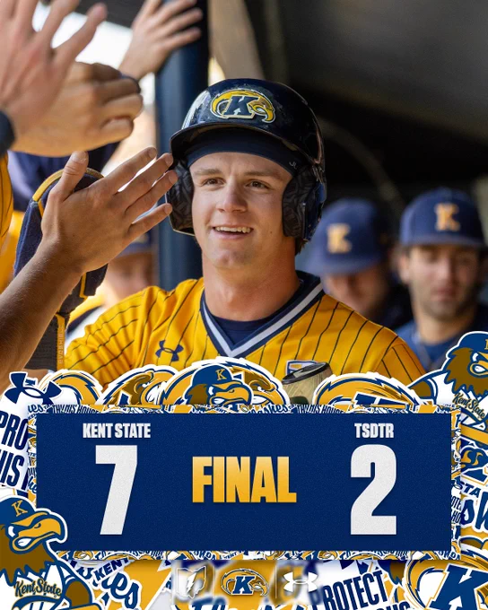 Kent State baseball final score graphic showing Kent State defeating TSDTR 7-2. The action photo features a Kent State player in a gold pinstriped home jersey and batting helmet smiling and exchanging high-fives with teammates in the dugout. The final score is displayed in a navy blue banner overlay at the bottom, bordered by scattered Kent State stickers and logos.