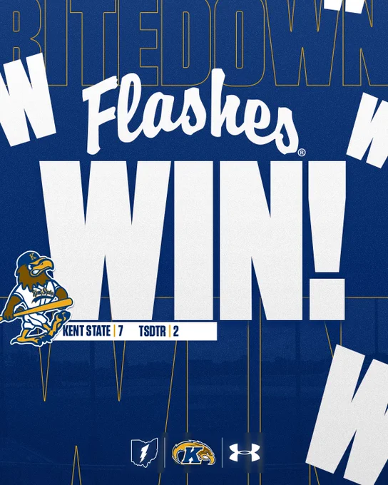 "Kent State baseball victory graphic with bold white text reading 'Flashes WIN!' against a navy blue background with a faded baseball stadium image. The final score, Kent State 7 and TSDTR 2, is displayed in a gold bar near the center. The Kent State Golden Flashes mascot logo — a cartoon eagle holding a baseball bat — appears on the left side. 'BITEDOWN' is faintly visible in gold outline text across the top. Sponsor logos for Kent State Athletics, the K logo, and Under Armour line the bottom."