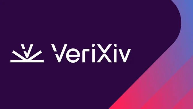 Logo for VeriXiv on a purple background with a pink and blue gradient design. The VeriXiv name is in white text with a stylized symbol to the left of the name.