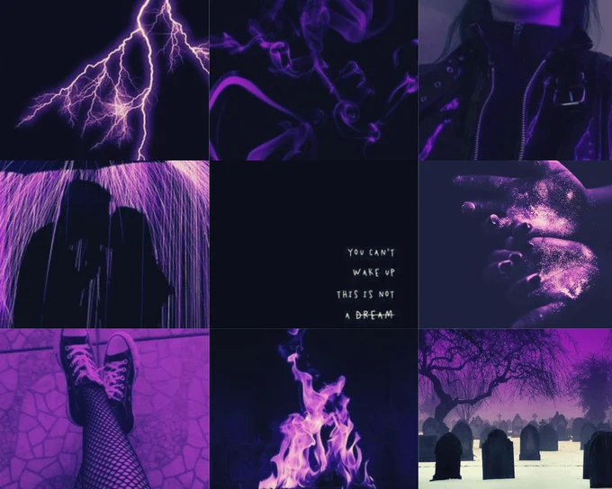 A purple 3x3 moodboard inspired by STRANGERS IN OUR HEADS by Bri Eberhart. 

Top row left to right: Purple lightning, purple smoke, and a girl wearing a leather jacket.
Middle row left to right: Two people kissing in the rain. The quote: "You can't wake up. This is not a dream." Purple sparkling hands. 
Bottom row left to right: A girl with fishnet stockings and coverse. Purple flames. A cemetery  with a purple sky. 

All pictures are from Pinterest.