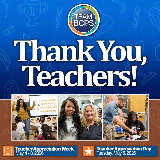 Blue background with TEAM BCPS logo and bold text thanking teachers for Teacher Appreciation Week and Day in May 2026.