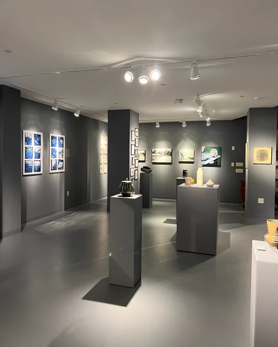 A modern art gallery with various sculptures on pedestals and framed artworks on the walls. The room is well-lit with spotlights highlighting each piece.