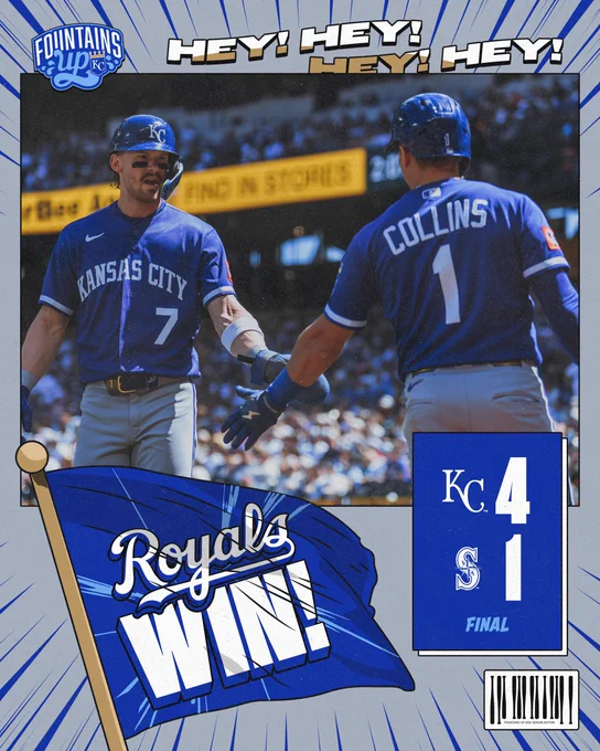 Final:
Royals 4
Mariners 1

Pictured: Bobby Witt Jr. (left) and Isaac Collins (right) high five after Witt Jr. scores. (Photo by Jason Hanna/Kansas City Royals)