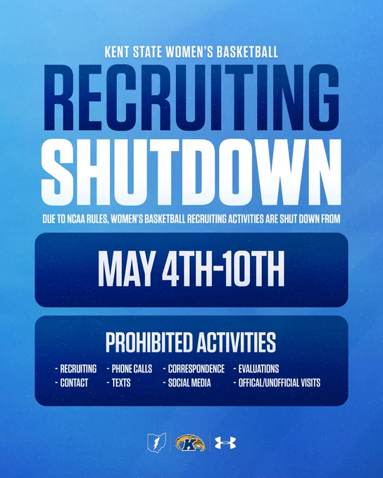 Poster for Kent State Women's Basketball announcing a recruiting shutdown from May 4th to 10th, due to NCAA rules. Lists prohibited activities: recruiting, contact, phone calls, texts, correspondence, social media, evaluations, official/unofficial visits.