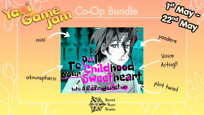 Advertisement for Yaoi Game Jam Co-Op Bundle running from 1st to 22nd May. Features a stylized anime character with dark hair and pale skin, surrounded by keywords: 'mini,' 'atmospheric,' 'yandere,' 'voice acting,' and 'plot twist.' Title reads 'Put Your Childhood Sweetheart into a Refrigerator.' Background has floral outlines and logo 'Sweet Some Studio.'