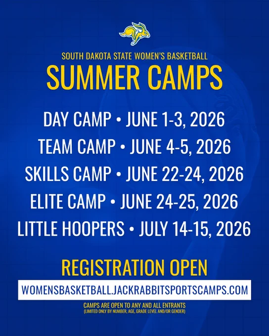 Graphic announcing South Dakota State women’s basketball summer camps on a blue background. Text lists: Day Camp June 1–3, 2026; Team Camp June 4–5, 2026; Skills Camp June 22–24, 2026; Elite Camp June 24–25, 2026; Little Hoopers July 14–15, 2026. A yellow banner at the bottom reads "Registration Open", with the link womensbasketball.jackrabbitsportscamps.com.
