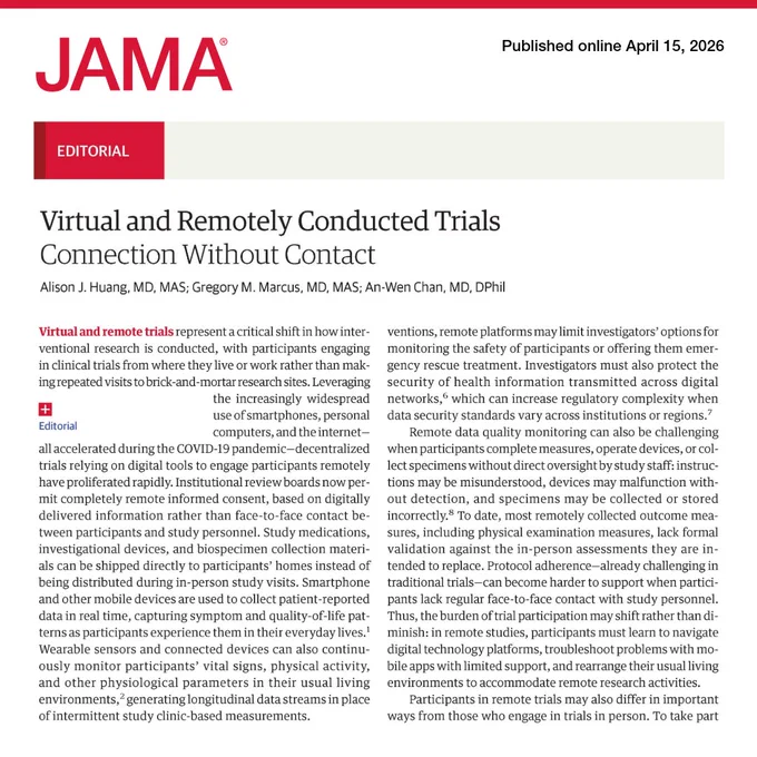 JAMA cover: \"Virtual and Remotely Conducted Trials Connection Without Contact\" by Alison J. Huang, Gregory M. Marcus, and An-Wen Chan. Published online April 15, 2026. Article discusses shift in research with remote participation.