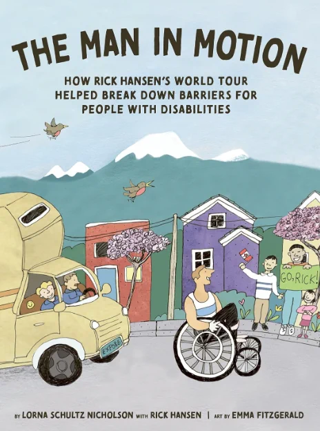 An illustrated book cover, with a man in a wheelchair rolling along a sidewalk, with a van behind him