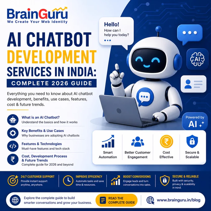 Ready to automate your business with 𝗔𝗜 𝗰𝗵𝗮𝘁𝗯𝗼𝘁𝘀 in 2026?

Today’s AI chatbots can:
✅ Handle 24/7 customer queries instantly
✅ Capture & qualify leads automatically
✅ Integrate with CRM, WhatsApp & websites
✅ Provide personalized, human-like responses
✅ Reduce support costs while improving user experience

The real advantage isn’t just automation - it’s scalability. As your business grows, your chatbot evolves with smarter conversations and better performance.

Whether you’re a 𝘀𝘁𝗮𝗿𝘁𝘂𝗽, 𝗦𝗠𝗘, 𝗼𝗿 𝗲𝗻𝘁𝗲𝗿𝗽𝗿𝗶𝘀𝗲, investing in 𝗔𝗜 𝗰𝗵𝗮𝘁𝗯𝗼𝘁 𝗱𝗲𝘃𝗲𝗹𝗼𝗽𝗺𝗲𝗻𝘁 can give you a serious competitive edge in today’s digital-first market.

Explore complete AI chatbot development services:
https://blog.brainguru.in/2026/05/ai-chatbot-development-services-india/
or 𝗖𝗮𝗹𝗹 - 𝟵𝟭𝟴𝟬𝟭𝟬𝟬𝟭𝟬𝟬𝟬𝟬

#AIChatbot #ChatbotDevelopment #BusinessAutomation #ArtificialIntelligence #CustomerSupport #LeadGeneration #DigitalTransformation #IndiaBusiness #TechTrends #Brai