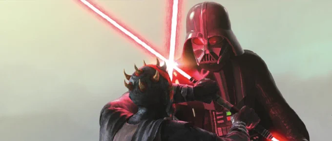 Adult sith lord vader/anakin attempts to kill maul
