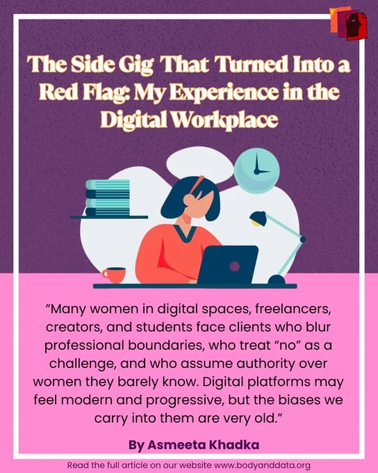 The title reads ‘The Side Gig that turned into a red flag: My experience in the digital workplace’ there is an illustration of a person working in their laptop and elements like books, clock and a table lamp. There is an excerpt from the blog below the illustration. The background is half purple and half pink.