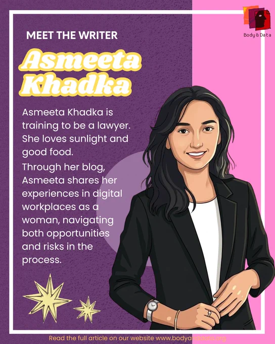 An AI generated image of a person on the right side. The heading reads Meet the Writer and ‘Asmeeta Khadka’ is written in bold yellow letters. There is a description of Asmeeta in white text. And two star cutouts on the bottom of the page. The background is purple and pink.