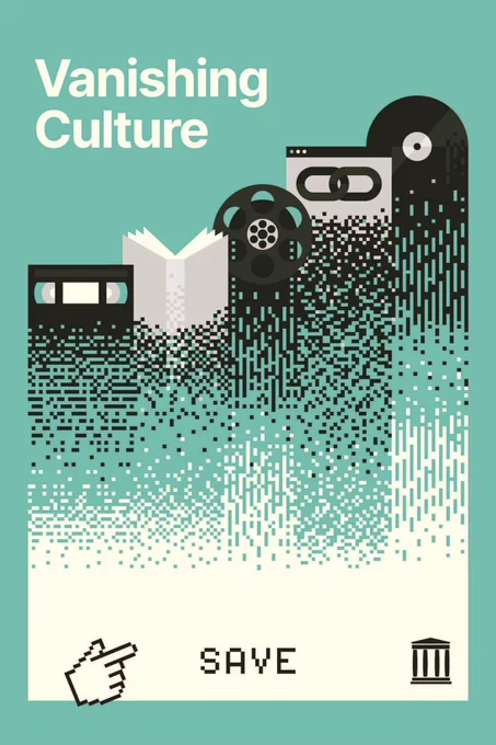 Book cover titled “Vanishing Culture” on a teal background. Pixel-art style graphics show a VHS tape, open book, film reel, chain link, and vinyl record dissolving into digital fragments. At the bottom, a cursor icon points to the word “SAVE,” alongside an archive-style building icon, evoking digital preservation.

