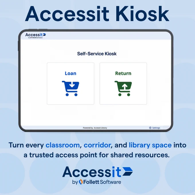 Touchscreen kiosk interface showing options for Loan and Return with shopping cart icons for self-service in a library setting.