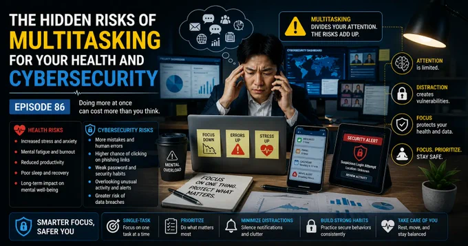 Multitasking risks concept showing a stressed professional surrounded by multiple devices and alerts, highlighting impacts on health, focus, and cybersecurity vulnerabilities