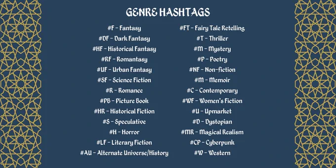 GENRE HASHTAGS:

#F - Fantasy
#DF - Dark Fantasy
#HF - Historical Fantasy
#RF - Romantasy
#UF - Urban Fantasy
#SF - Science Fiction
#R - Romance
#PB - Picture Book
#HR - Historical Fiction
#S - Speculative
#H - Horror
#LF - Literary Fiction
#AU - Alternate Universe/History

#FT - Fairy Tale Retelling
#T - Thriller
#M - Mystery
#P - Poetry
#NF - Non-fiction
#M - Memoir
#C - Contemporary
#WF - Women’s Fiction
#U - Upmarket 
#D - Dystopian
#MR - Magical Realism
#CP - Cyberpunk
#W - Western