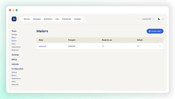 Mailing software interface showing Lettermint as an available mailer, ready for use, alongside options for settings and configurations.