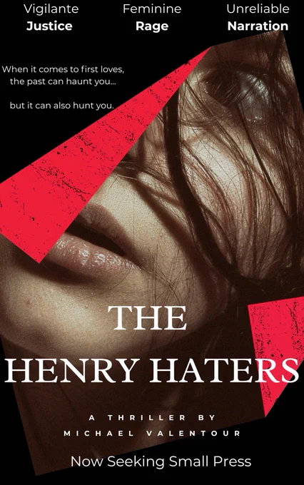 Photo of slightly obscured woman's face. Red and black accents. 