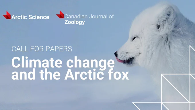 Close-up of an Arctic fox against a pale blue sky, promoting a call for papers on climate change and Arctic fox research.