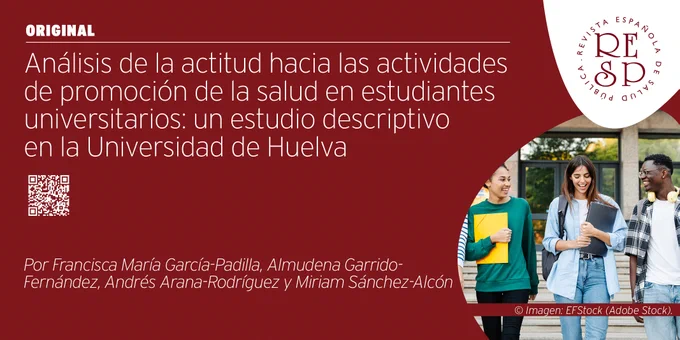 Imagen de varios estudiantes universitarios saliendo contentos de su facultad (copyright: EFStock-Adobe Stock). Trabajo original "Análisis de la actitud hacia las actividades de promoción de la salud en estudiantes universitarios: un estudio descriptivo en la Universidad de Huelva". Revista Española de Salud Pública, Ministerio de Sanidad (Gobierno de España).