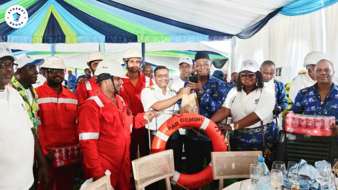 Crew of bulk carrier SPAR GEMINI, led by Capt. Sachin Singh, share a Labour Day moment with Port of Douala workers and officials in Cameroon, exchanging refreshments and goodwill during a port call.