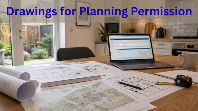 Drawings for Planning Permission displayed on a kitchen table with architectural plans, site maps, measuring tools, and a laptop in a modern home workspace.