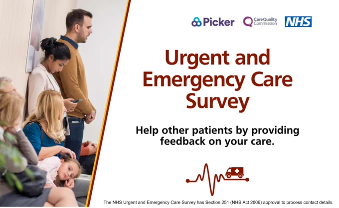 A photo of a a waiting room with a man, woman, young girl, child and an elderly couple. The words say: Urgency and Emergency Care Survey. Help us improve urgent and emergency care services.