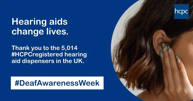 Close-up of a person touching their ear with text highlighting the impact of hearing aids and thanking UK dispensers during Deaf Awareness Week.