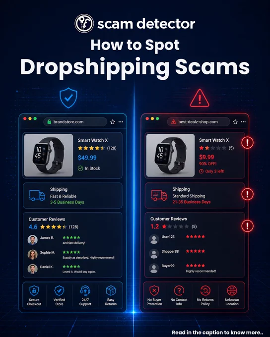 Split-screen infographic titled “How to Spot Dropshipping Scams.” The left side shows a legitimate online store (brandstore.com) with a smartwatch priced at $49.99, high ratings (4.6 stars), fast shipping (3–5 business days), verified reviews, and trust badges like secure checkout and easy returns. The right side shows a suspicious site (best-dealz-shop.com) with an unrealistic price ($9.99, 90% off), low rating (1.2 stars), long shipping times (21–35 days), generic reviews, and warning signs such as no buyer protection, no contact information, no returns policy, and unknown location, highlighted with red alert icons.