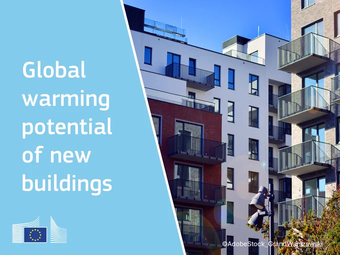 Global warming potential of new buildings. A photo on the right showing brick red and white modern residential buildings. 
