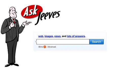 A dapper cartoon man in a bowler hat stands beside the Ask Jeeves logo and search bar, symbolizing a nostalgic search engine era.