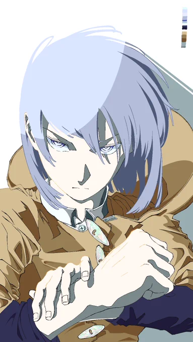 Anime-style illustration of an original character with pastel blue/purple hair and eyes, raising a fist while wearing a beige-brown and navy-blue raincoat. Clean and sharp coloring scheme.