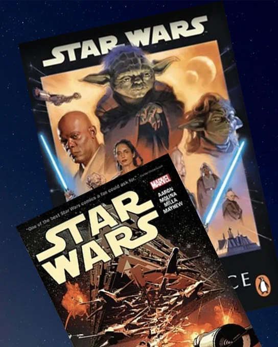 Two Star Wars comic book covers, one featuring Yoda and other characters, the other showing a space battle.