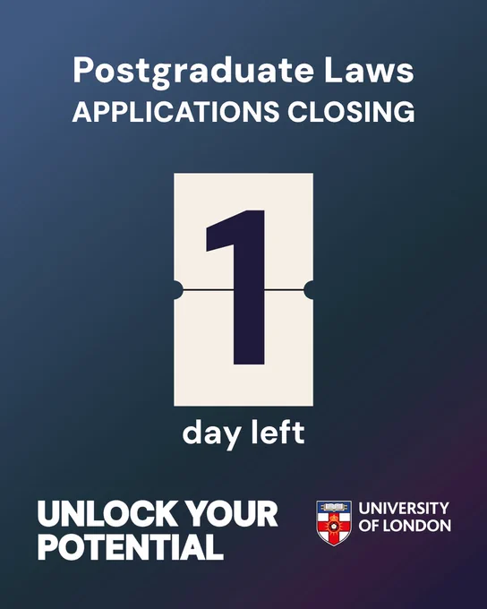 Postgraduate Laws applications closing countdown showing "1 day left" 