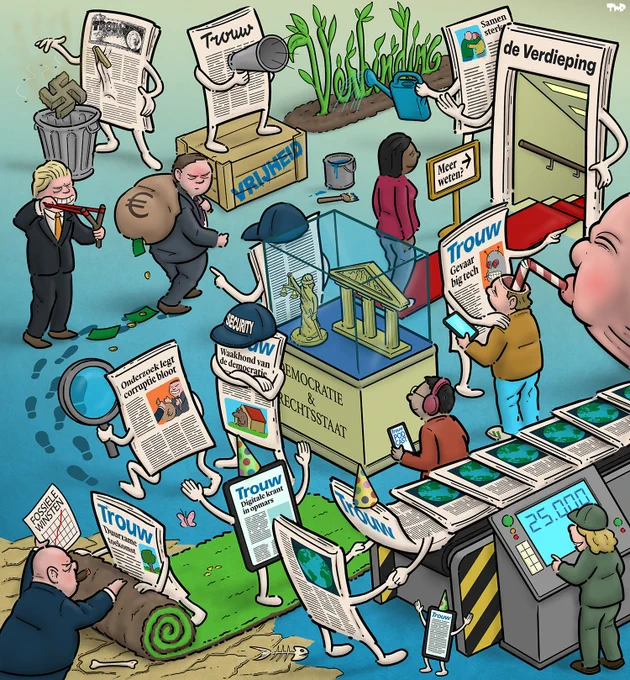 Cartoon waarop verschillende kranten te zien zijn, getekend met armen en benen. Zij doen verschillende dingen. In de linkerbovenhoek heeft een krant een wasknijper op zijn neus, terwijl hij een hakenkruis in een vuilnisbak gooit. Hiernaast staat een krant op een zeepkrat met een megafoon. Op de krat is het woord 'vrijheid' geschilderd. Daar weer naast staat een krant die planten water geeft. De planten vormen het woord 'verbinding'. In een vitrine met de tekst 'Democratie & rechtsstaat' staan gouden beelden van een tempel en Vrouwe Justitia. De vitrine wordt bewaakt door twee kranten met security-petjes op. Geert Wilders staat op een afstandje met een katapult en mikt op de vitrine. Een andere krant is met een vergrootglas een spoor aan het onderzoeken dat wordt achtergelaten door een man met een grote zak geld op zijn rug; een andere krant waarschuwt iemand die op een smartphone kijkt voor big tech, die met een rietje het hoofd van de man aan het leegzuigen is. En een andere krant pro