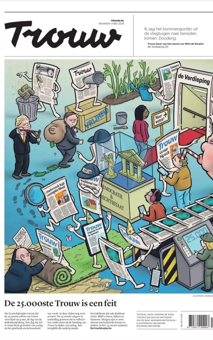 Voorpagina van Trouw met een grote cartoon erop.