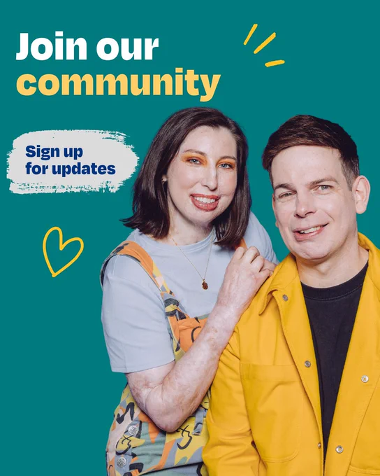 Turquoise graphic with two campaigners, text saying: "Join our community. Sign up for updates"