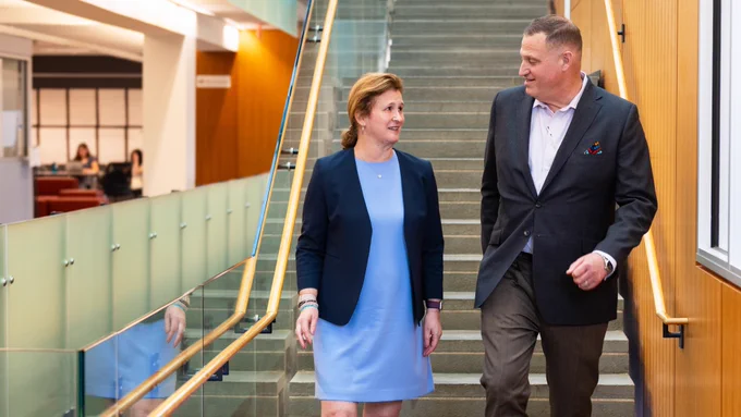 President Nicole Hurd and Crayola’s president and CEO Pete Ruggiero P’20,’25 meet during Founders’ Week to applaud innovation and acknowledge Easton on the rise.
