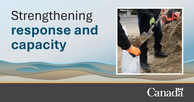 People using shovels to fill sandbags from a pile of sand in preparation for flooding.  
