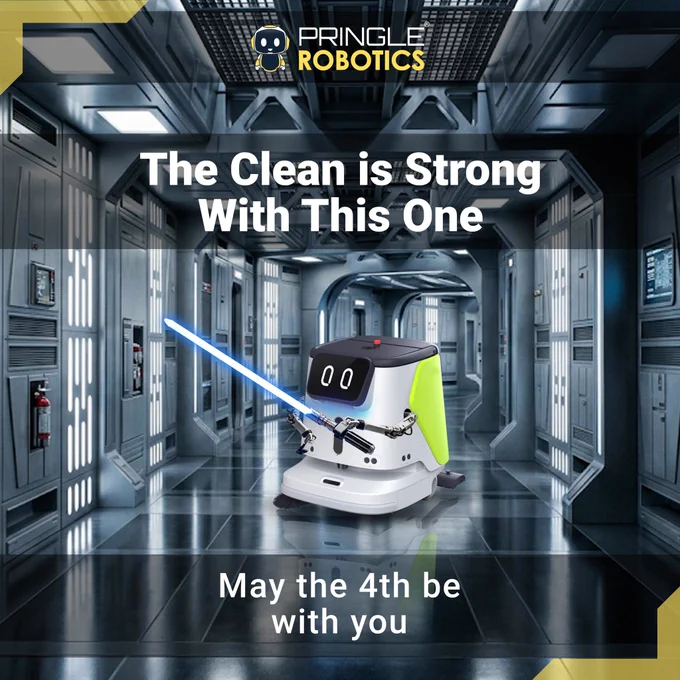 A marketing image featuring a robot with a lightsaber in a futuristic corridor, referencing 'May the 4th' with a playful twist on a famous phrase.