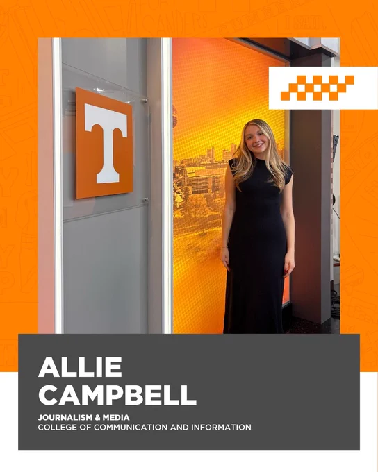Photo of a girl standing in a black dress with blonde hair in a T-V studio.There is an orange background behind her and a logo of a T next to her. The text says Allie Campbell, Journalism and Media, College of Communication and Information.